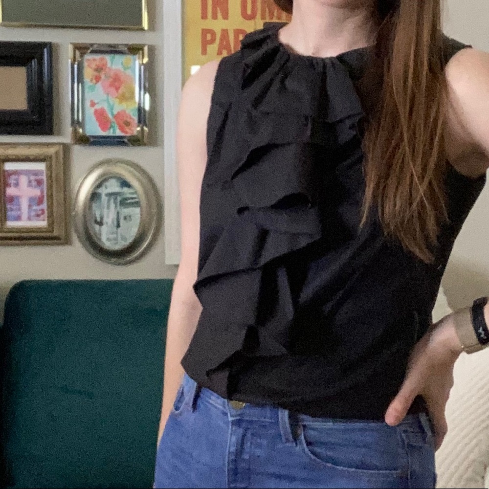 Diane Von Furstenberg Black Ruffle Blouse Sz. 4 - Picture 3 of 5